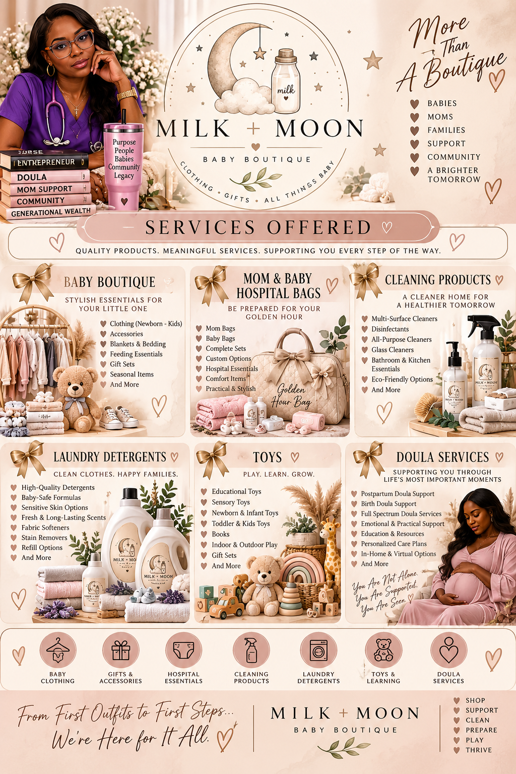 The Milk + Moon Baby Boutique services card, showing six panels: baby boutique, mom and baby hospital bags, cleaning products, laundry detergents, toys, and doula services.