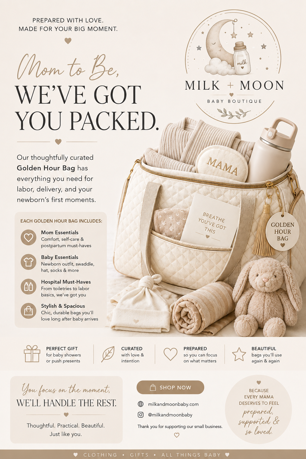 The Golden Hour Bag graphic: a quilted beige diaper bag packed for labor and delivery, listing mom essentials, baby essentials and hospital must-haves.