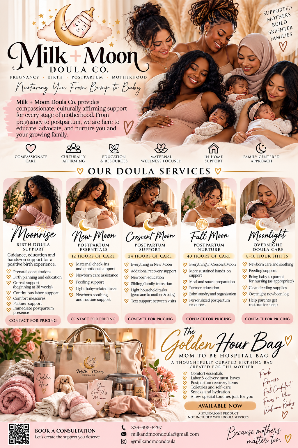 The Milk + Moon Doula Co. services card, listing the Moonrise, New Moon, Crescent Moon, Full Moon and Moonlight tiers of care, with the Golden Hour Bag shown below.